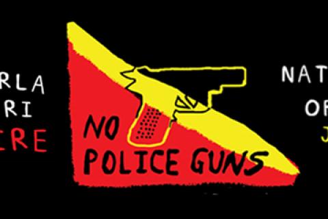 A banner for the Karrinjarla Muwajarri national day of action on 18th June. The banner has a black background, and from left to right, the banner has the words 'Karrinjarla Muwajarri Ceasefire' in white and red text, a digital line drawing of a gun against a red, yellow and black background with the text 'no police guns', and finally 'national day of action June 18' in white and yellow text.