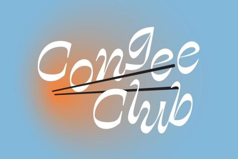 sky blue background with text 'congee club' a pair of chopsticks over the top of the image 