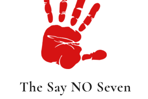 The Say NO Seven, with a red painted handprint