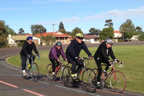 Iris Dixon (in the purple jacket) rides with the Golden Oldies at Preston Velodrome 2013