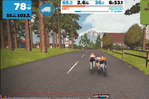 A screenshot of a rider on the Zwift indoor cycling app