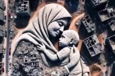 A mother hugs her child painting