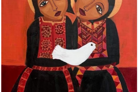 Two Gazan children holding to each other and embracing a white pigeon