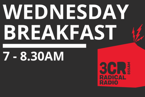 Wednesday Breakfast Logo, text and 3CR logo