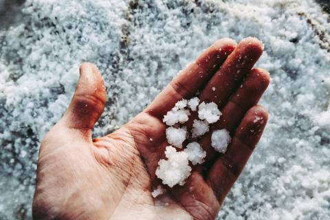 Person's hand holding grains of salt.