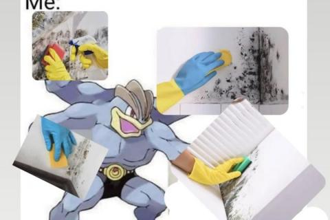 A meme with the text "what would you do if you had 4 arms?" and the response "me:" over a composite image of the four-armed Pokemon Machamp with arms extended and a different photo of a hand cleaning mould photoshopped onto the end of each arm.