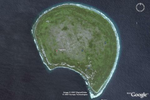 A Google Earth satellite photo of the island of Banaba.