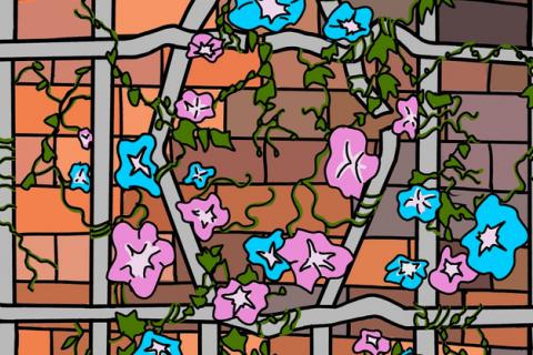 A digital painting of a grey metal fence in front of an orange, brown and grey brick wall. The bars of the fence have been pulled to either side in the middle of the image and are cracked in places. Vines laden with pink and white and blue and white flowers are wrapped around the fence bars.