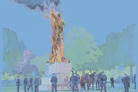 A sketch of the Captain Cook statue in Sydney's Hyde Park surrounded by standing and mounted police, based on scenes from the 2020 Black Lives Matter rallies. The statue of Cook is burning, with black smoke rising from the flames.