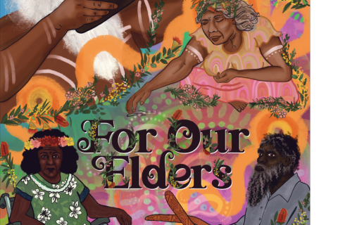 Colourful background with four elders with the title For Our Elders