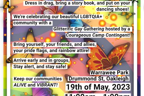 A cartoon background of rainbows, butterflies, a dolphin and white border overlaid with the following text: QUEER JOY IS FOR EVERYONE! Warrawee Park Drummond St, Oakleigh 19th of May, 2023 11:00am - 1:00pm. 