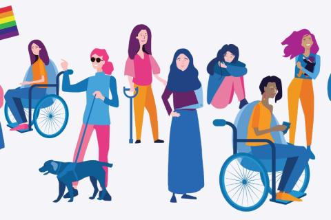 A graphic of 9 women with disabilities of varying ages and ethnicities, two using wheelchairs, one with a guide dog, one with a baby, one using a crutch and one holding an LGBTQIA+ flag.