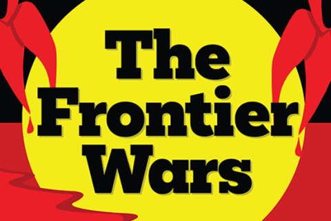 An Aboriginal flag with 'The Frontier Wars' in black text over the yellow centre, with red gum leaves on either side.