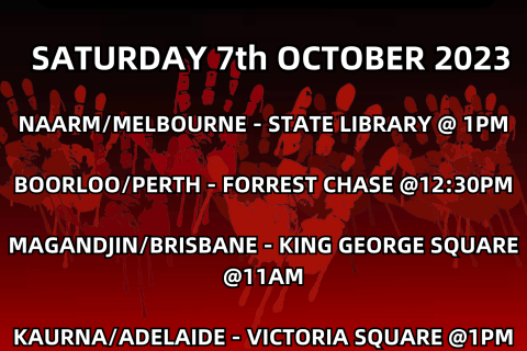 A poster advertising a nationwide rally to Stop Black Deaths in Custody on Saturday the 7th of October, with details for Melbourne (outside State Library at 1PM), Perth (King George Square at 11AM) and Brisbane (Victoria Square at 1PM).