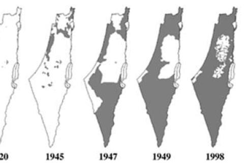 Figure 2 from "Sharing the Land of Canaan", 2004, Mazin Qumsiyeh: This is the first depiction of the shrinking map of Palestine which was developed by Prof. Qumsiyeh and his son (based on shrinking map of USA) and then was adopted and used widely around the world.