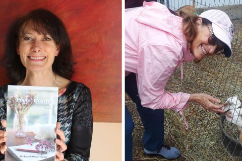 Two photographs presented side by side. On the left, a smiling woman with long brown hair holding a book entitled "Poets Corner". This is Rose Lumbaca Crane. On the right, a woman wearing a waterproof jacket and baseball cap, smiling towards the camera and bent down to feed two small goats through a wire fence. This is Bhikshuni Weisbrot.