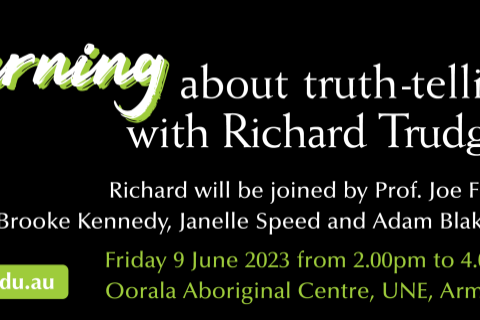 Banner image for the Friends of Myall Creek memorial event Yarning About truth-telling, with an image of Richard Trudgen, a man with liong white hair and a beard. Contains written information about other speakers, RSVP info, and location, Friday 9 June from 2pm-4pm.