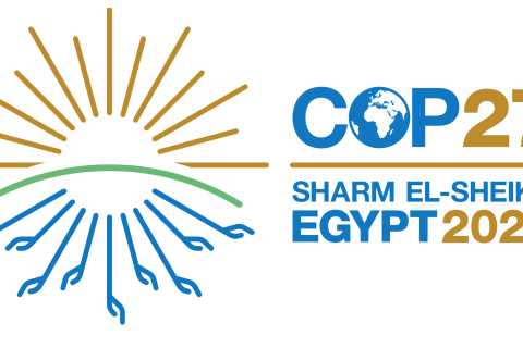 COP27 logo which has image on the left of sun, land and water made of simple lines, and on the right the words COP27, Sharm El-Sheikh, Egypt 2022