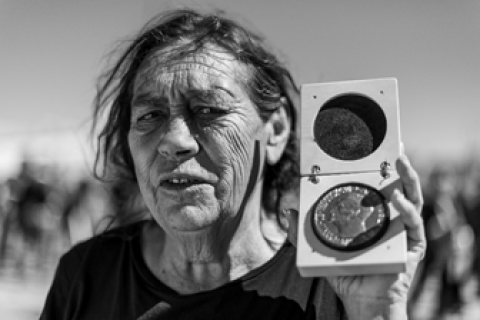 Aunty Sue Coleman-Haseldine with the International Campaign to Abolish Nuclear Weapons’ 2017 Nobel Peace Prize, Canberra, September 2018. Photo: Martin Ollman.