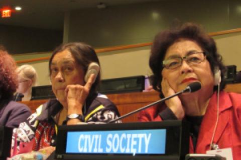 Atomic bomb survivors speaking at UN- Sue Coleman-Haseldine (Kokatha elder from South Australia) and Setsuko Thurlow (Hibukusha from Hiroshima)