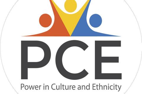 LOGO - Multi coloured figures about the letters P C E