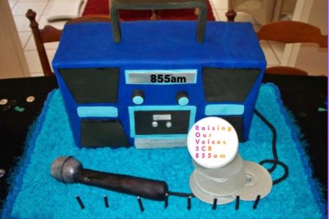 Blue Ghetto Blaster with Microphone and CDs on 3CR Radio