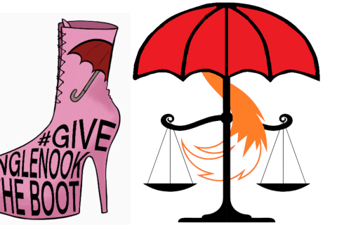 drawing of a pink stiletto platform boot with a red umbrella & "give Inglenook the boot" written on it, and a seperate drawing of a red umbrella with justice scales hanging on either side of it, and a fox's tail hanging down