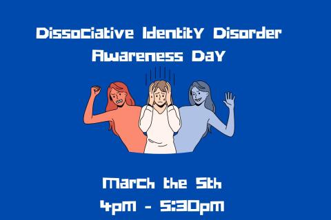 Dissociative Identity Disorder Awareness Day, March 5.  Image of person with two different entities on each side with a menacing look on their faces and fist and hand raised.