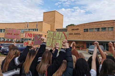 School girls from Adelaide High walked out in support of better consent education for students. 