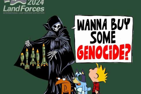 Cartoon image of the grim reaper with a speech bubble which reads: Wanna buy some Genocide? He is opening his coat and pointing to missiles inside to three identifiable kids cartoon and comic book characters. There is a logo for the Land Forces 2024 conference at the top.