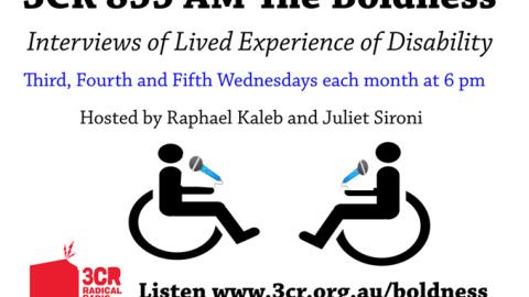 Digital Flyer Text 3CR 855 AM The Boldness  Two people in a wheelchair holding a microphone 