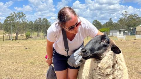 Rachel standing next to a sheep in a paddock