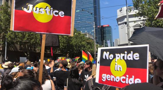 Invasion Day rally 2020. Call for Justice, No Pride in Genocide. 