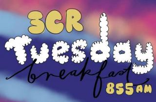 Bubble writing says '3CR Tuesday Breakfast 855am' on top of a rainbow background