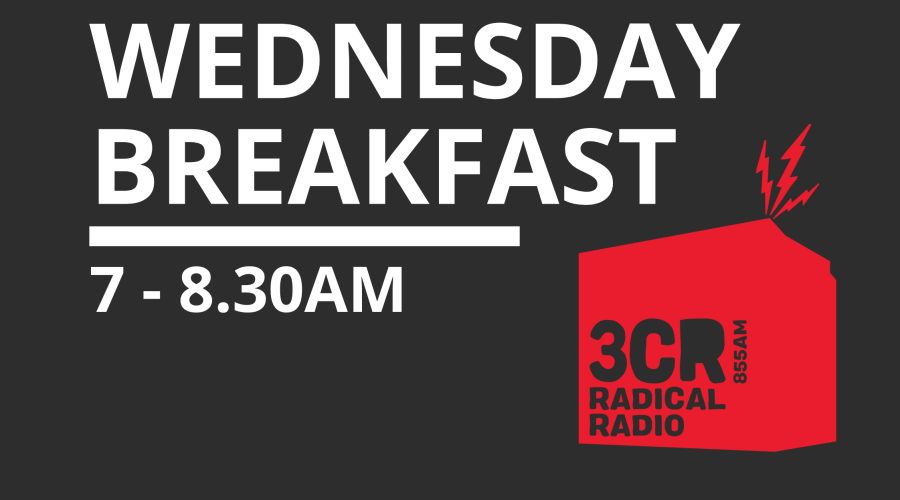 Wednesday Breakfast Logo, text and 3CR logo