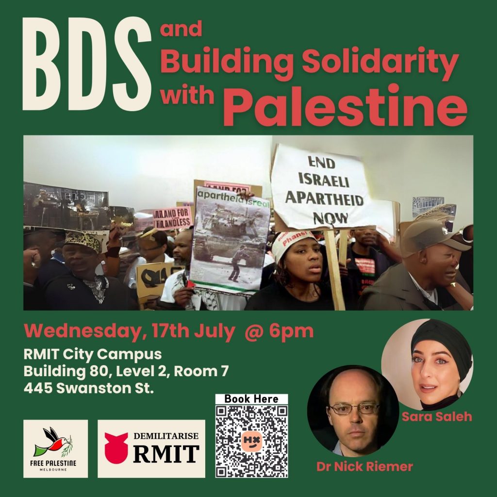 Boycott, Divestment & Sanctions (BDS) and building solidarity with Palestine. Credit: https://www.freepalestinevic.org/