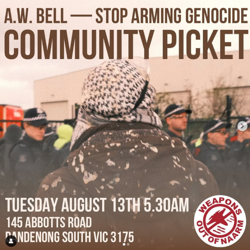 Image of protestor and police at community picket: text: A.W. Bell - Stop Arming Genocide Community Picket