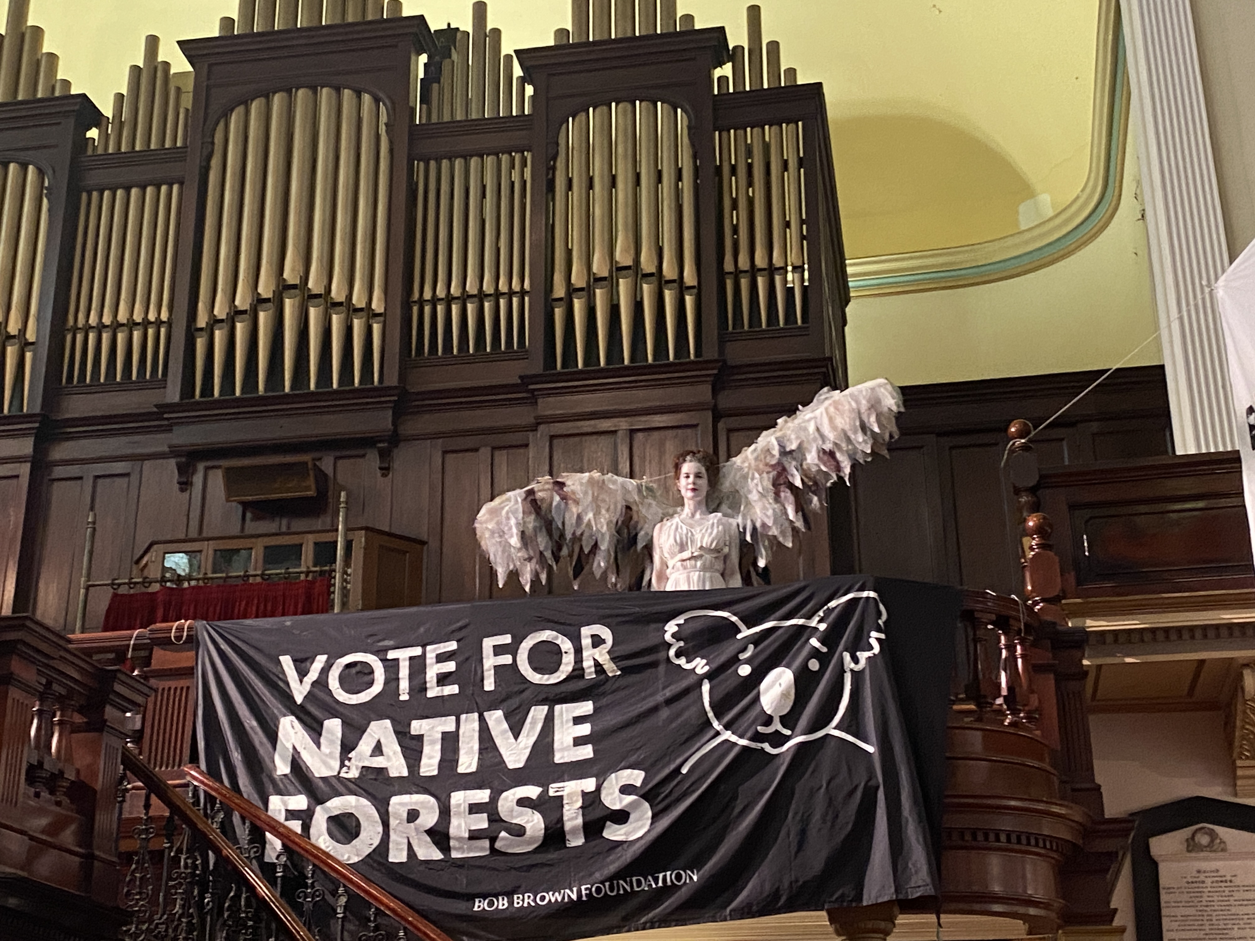 Forest Guardian Angel at Pitt St Church at Bob Brown Rally . Photo Philipa Veitch