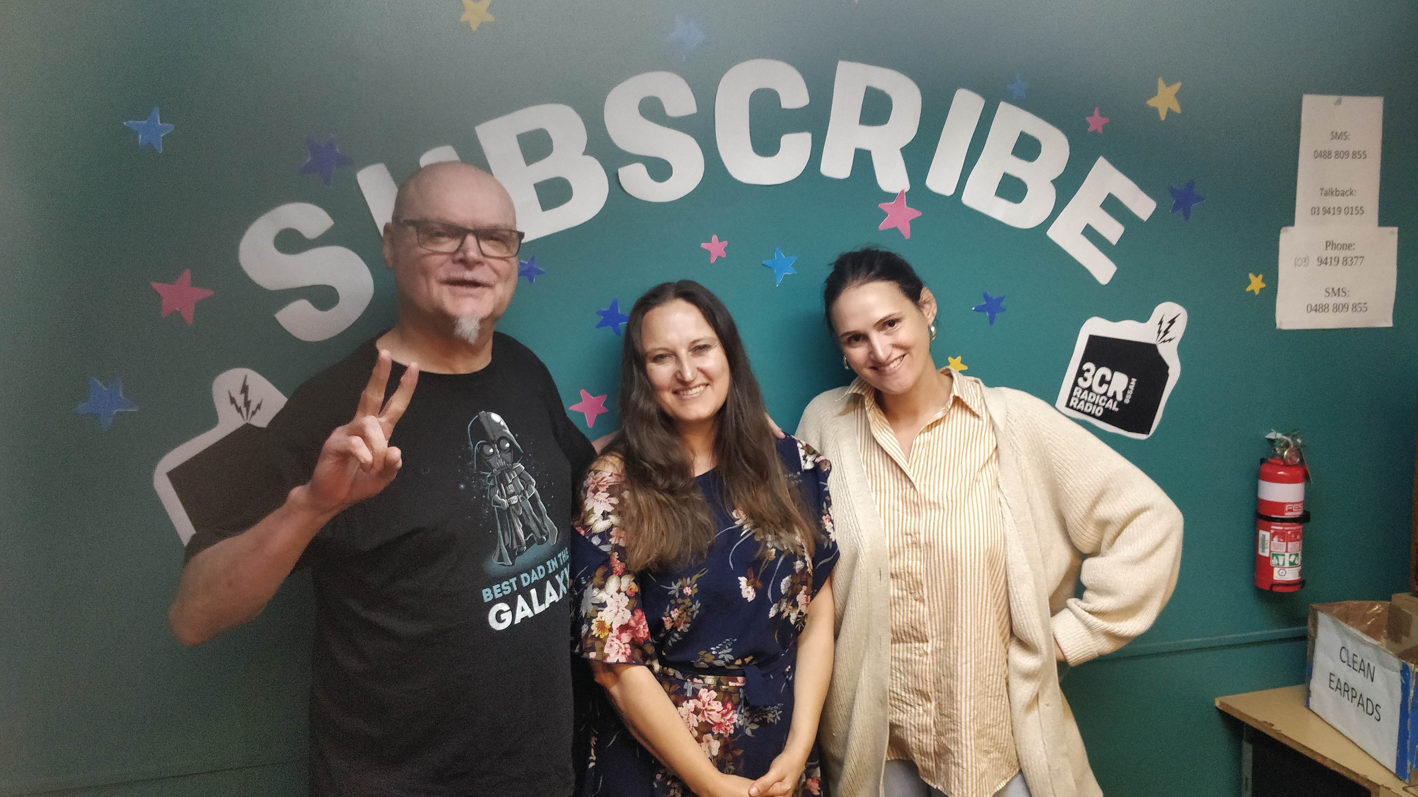 Photo of Mark, Meg and Lydia in the studio.