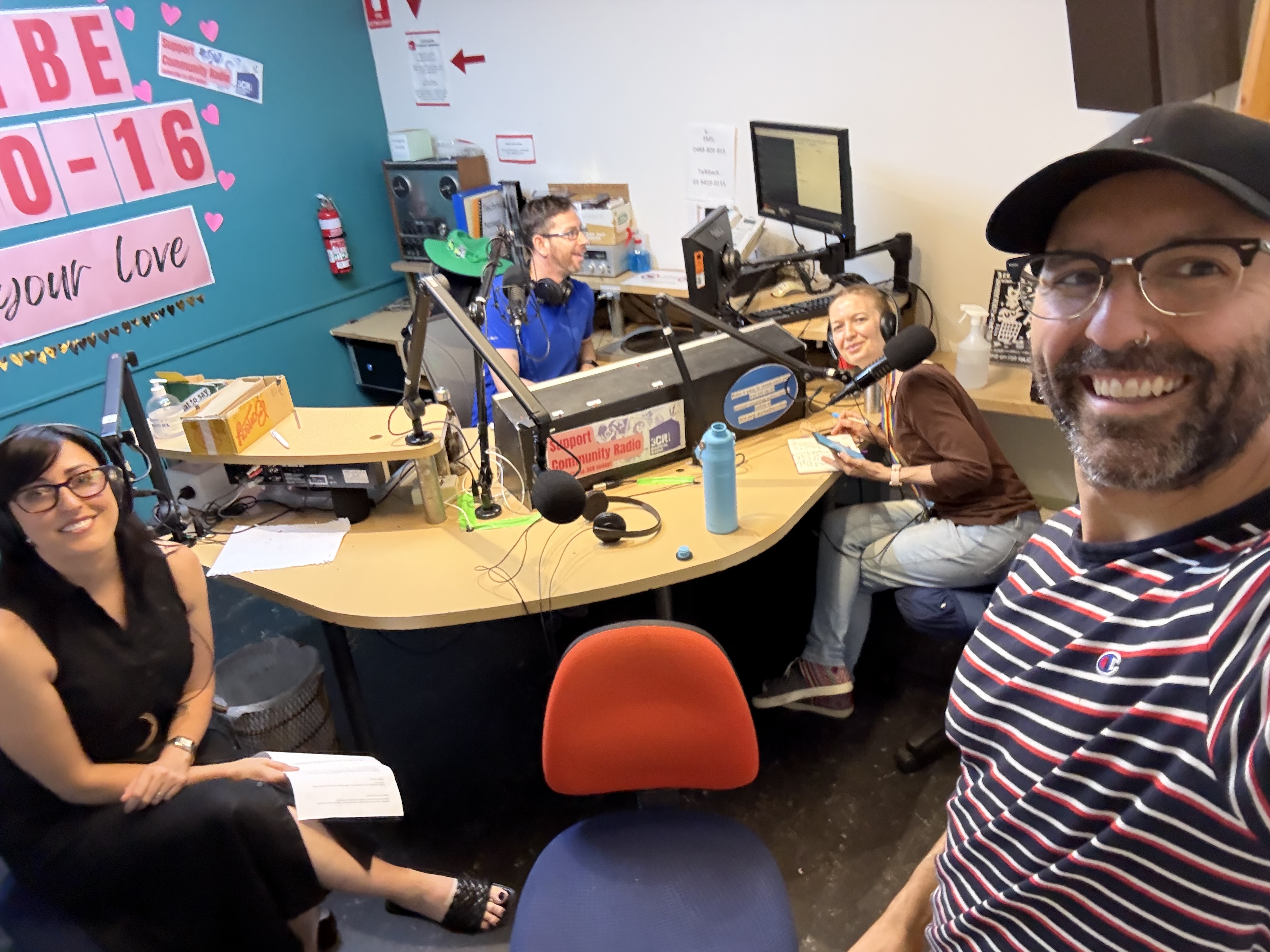 A photo of the hosts Jennifer, Nick, Jasmine and Gonzalo in the 3CR studio