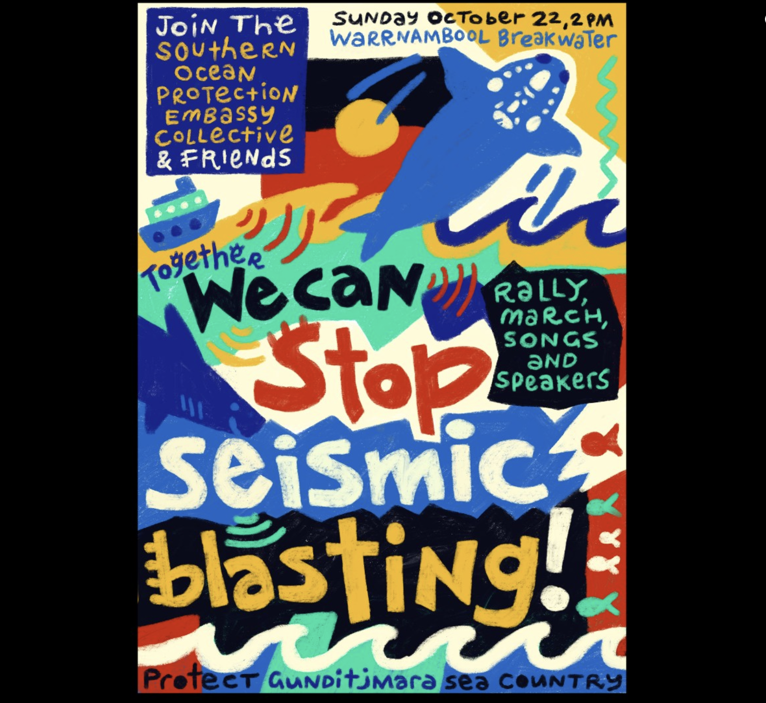 Poster advertising a rally to Stop Seismic Blasting on Gunditjmara Country. At the top are drawings of an Aboriginal flag and a whale, artwork by Nicky Minus