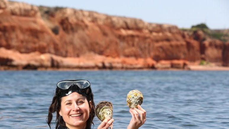  Anita Nedosyko in foreground wearing goggles and joyfully holding up oyster shells, with ocean & reef in background (Source: Tait Schmall)