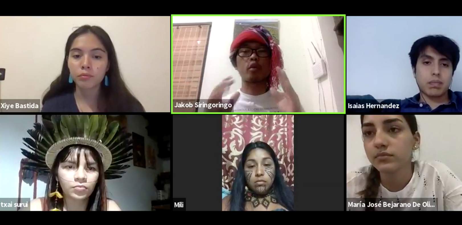 Webinar screen grab of headshots of all six participants including Xiye Bastida, Isaias Hernandez, Maria Jose Bejarano de Oliveira, Walela Txai Surui, Jakob Siringoringo & Militza Flaco.