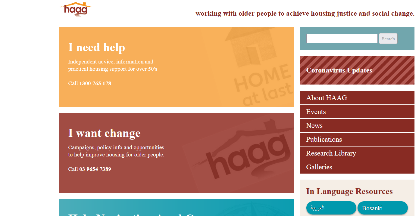 Image of the HAAG website with prominent sections reading 'I need help' and 'I want change'