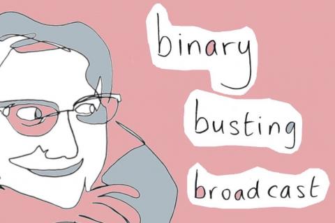 Illustration of a non-binary person on a pink background with the words 'binary busing broadcast'.