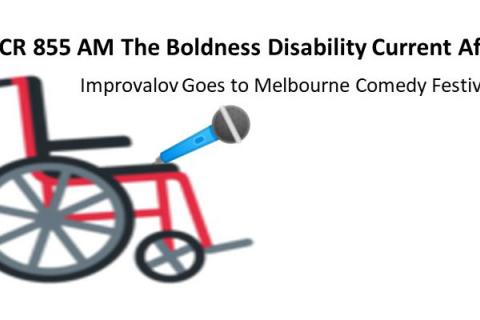 A wheelchair holding a microphone 3CR 855AM The Boldness Disability Current Affairs interview Impovalov Goes to Melbourne Comedy Festival