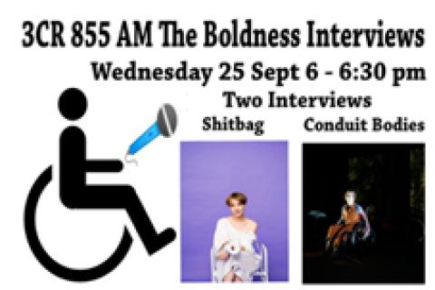 A wheelchair holding a microphone to (names of shows Shitbag and Conduit Bodies.  Shitbag picture Hayler Edwards wearing a white dress holding a roll of toilet paper on a purple background,  Conduit Bodies a picture of Dr Melinda Smith   