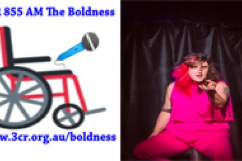 A wheelchair holding a microphone pointing to Tricksy Collins(Star of Assigned Magician) wearing a pink dress 