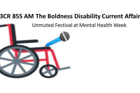 A wheelchair holding a microphone 3CR 855AM The Boldness Disability Current Affairs interviews Unmuted Festival at Mental Health Week 