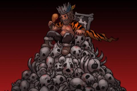 Image of a king on a throne of bones on a mountain of bones eating meat.